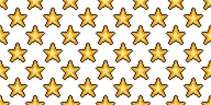 sin costura píxel modelo de dorado cinco puntas estrellas en un blanco antecedentes. retro 8 bits estilo Perfecto para verano, juego de azar, fiesta envase, niños artesanía, digital documentos, y nostálgico proyectos vector