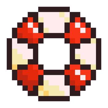 Pixel illustration of a lifebuoy ring in retro 8-bit style with red and white segments. Ideal for beach, ocean, summer, safety, and nautical-themed projects or pixel art game assets and collections. vector