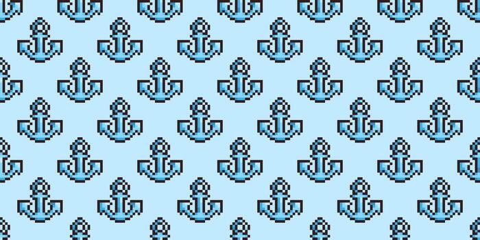 sin costura náutico modelo presentando repitiendo píxel anclas en un azul antecedentes. retro pixelado estilo Perfecto para verano, playa, o Oceano diseños genial para juegos, huellas dactilares, o textiles. vector