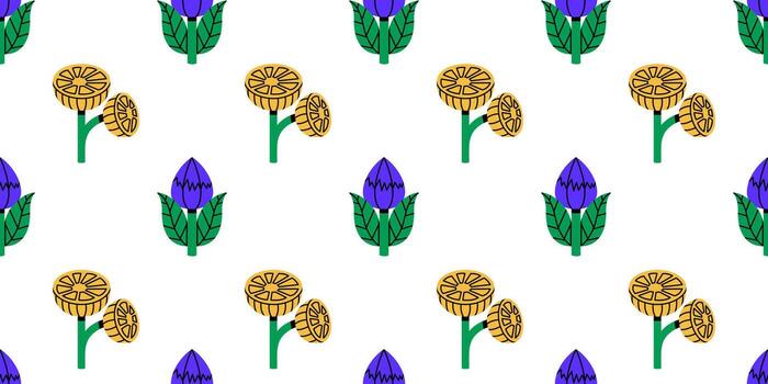 Seamless pattern with stylized fantasy flowers in yellow and blue on a white background. Repetitive floral design with bold shapes and clean lines. Perfect for wrapping paper, textiles vector