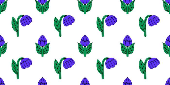sin costura modelo con estilizado fantasía flores en Violeta y verde tonos negrita y peculiar floral motivos arreglado en un repitiendo disposición. genial para tela, envase papel, papelería, y artesanía. vector