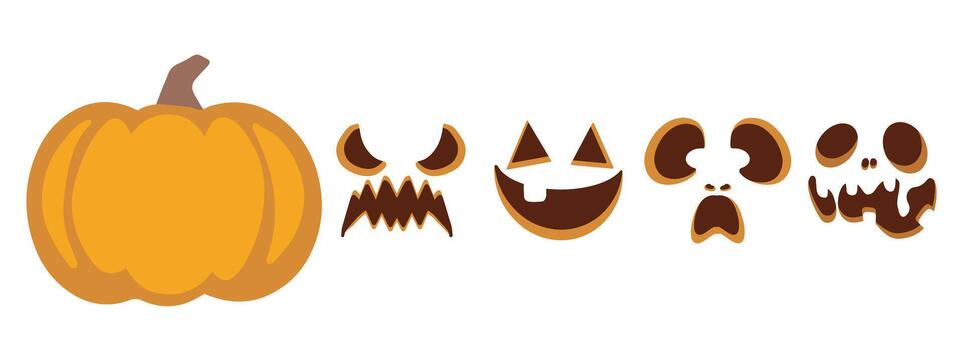 Halloween pumpkin set with various funny, sad, and angry faces for creating custom lanterns. Ideal for festive designs, banners, and cards. vector