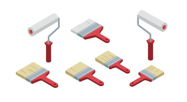 Isometric paint tools with rollers and brushes in red and beige vector