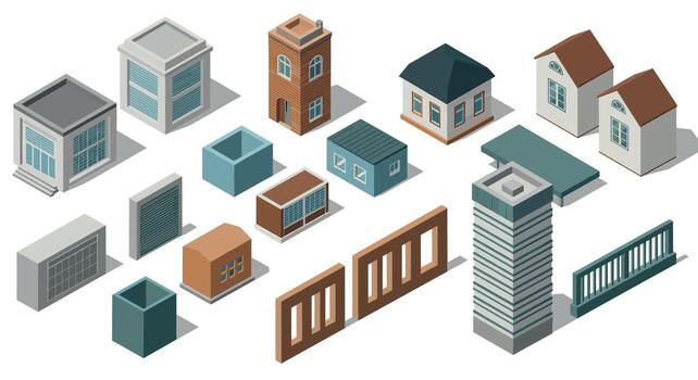 Isometric building elements collection for modern architectural design vector