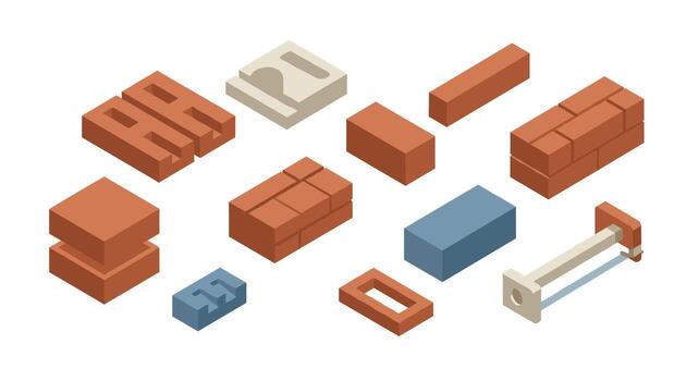 Isometric bricks and construction blocks in various shapes and colors vector