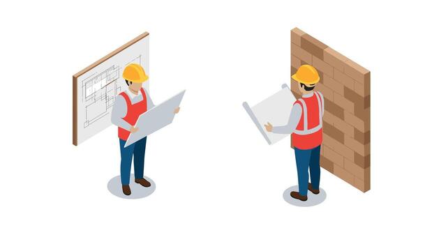 Isometric construction workers analyzing architectural blueprints vector