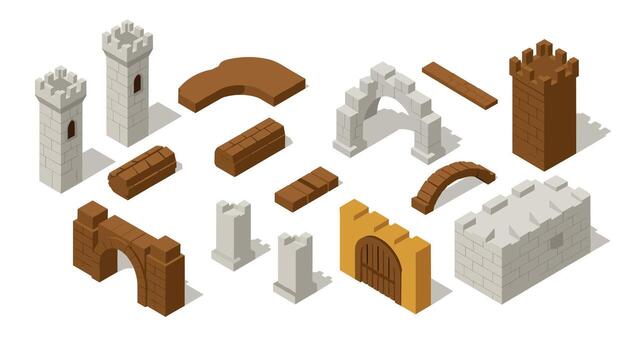 Medieval castle elements in isometric style for game design and architecture projects vector