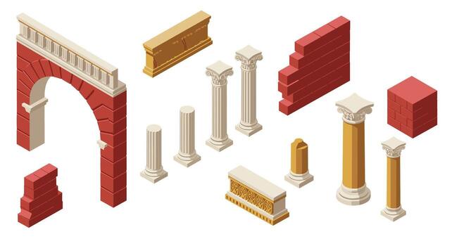 isométrica clásico arquitectura elementos con columnas y arco en 3d diseño vector