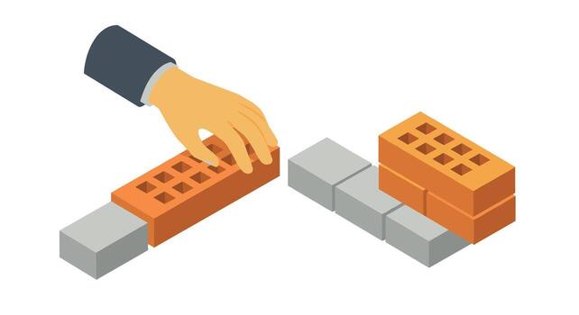 Building foundations with isometric hand placing bricks on a wall vector