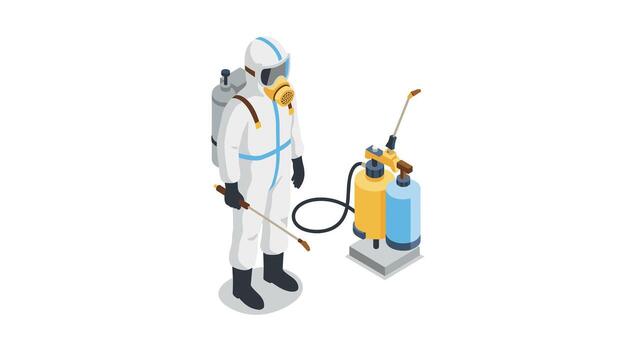 Worker in hazmat suit with protective gear and sprayers for sanitization vector