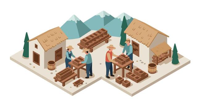 Isometric rural carpentry scene with artisans and tools in mountain setting vector