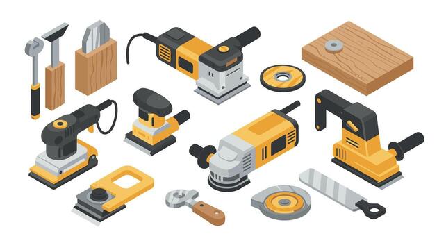 Isometric power tools set with sander, grinder, and saw on white background vector