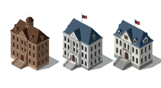 Isometric classic buildings set with flags and architectural elements vector