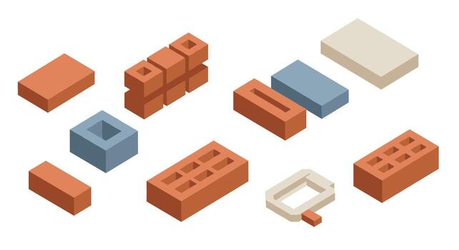Isometric building bricks collection in various colors and shapes vector