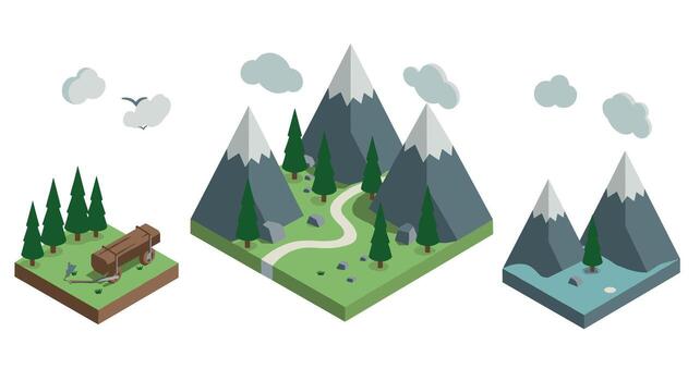 Isometric landscape with mountains, trees, and clouds in modern design vector