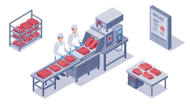 Isometric meat processing plant with automated conveyor and workers vector