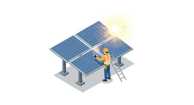 Worker installing solar panels on rooftop with sunlight reflection in isometric style vector