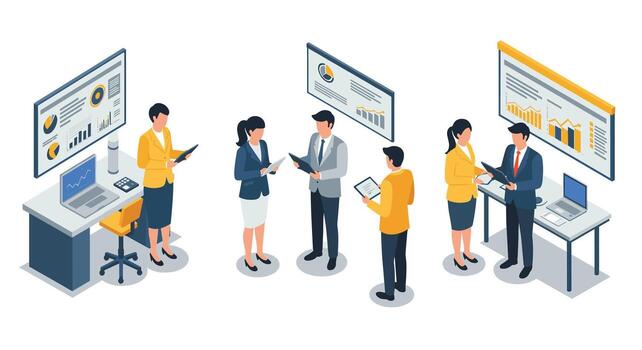 Modern office team analyzing data with digital technology in isometric design vector