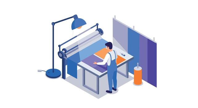 Tailor working on textile with sewing machine in modern workshop isometric design vector