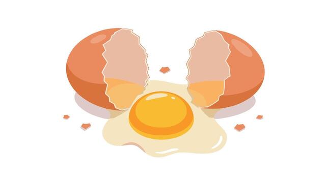 Cracked egg with yolk and shells on white background in flat design vector