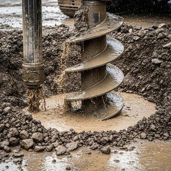 Drilling machine with large auger bit excavating dirt and rocks from ground. Soil sampling during pile drilling. Extraction of underground material for geotechnical analysis and foundation assessment. photo