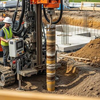 Drilling machine with large auger bit excavating dirt and rocks from ground. Soil sampling during pile drilling. Extraction of underground material for geotechnical analysis and foundation assessment photo
