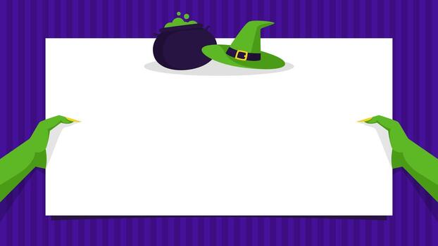 Halloween themed background featuring a witch hand holding blank paper and couple of elements such a hat and cauldron on purple striped background. Witch themed background with copy space. vector