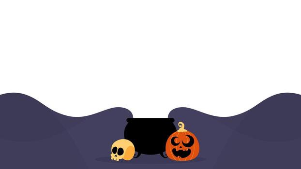 Halloween background template with copy space coming out of a cauldron with seasonal elements like a smiling carved pumpkin and a skull. Halloween horizontal background flat illustration. vector