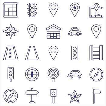 Navigation icons map traffic compass car building light signal vector