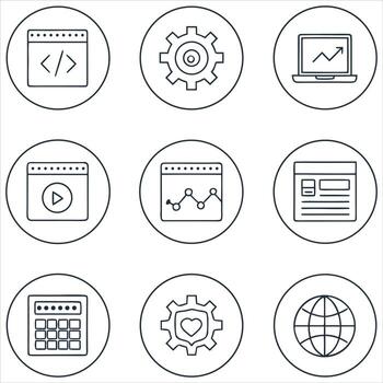 íconos computadora código engranaje grafico jugar botón calculadora globo vector