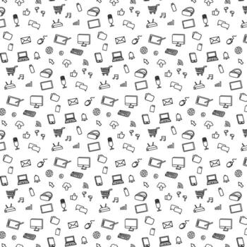 Computer IT internet information technology doodle seamless pattern design. Hand drawn illustration on white background vector
