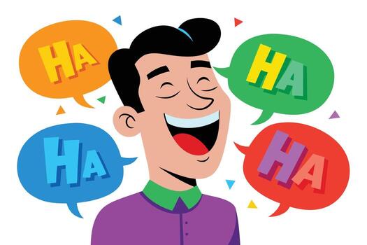 Animated Man Laughing Hysterically Surrounded by Colorful Speech Bubbles with HA Text Displayed vector