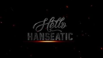 Olá hanseático texto com uma angustiado, grunge efeito e brilhando brasas flutuando contra uma escuro, misterioso fundo, 4k resolução video