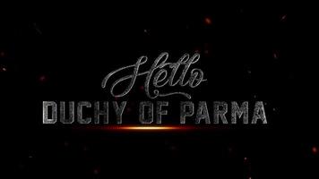 Hej hertigdömet av parma text effekt med lysande glöd och partiklar på en mörk bakgrund, 4k upplösning video