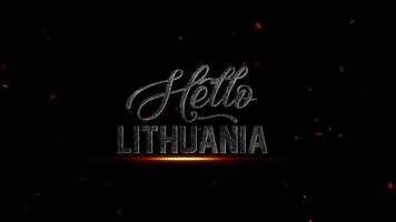 de ord Hej litauen i en bedrövad, metallisk font med en subtil översikt och en mörk, rökig bakgrund med lysande glöd, 4k upplösning video