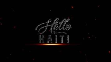 Hej haiti text med en bedrövad, grunge effekt och lysande glöd flytande mot en mörk, mystisk bakgrund, 4k upplösning video