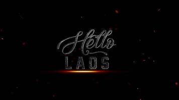 Hej laos text effekt med lysande glöd och partiklar på en mörk bakgrund, skapande en dramatisk och symbolisk representation, 4k upplösning video