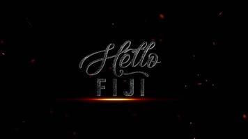 Olá fiji texto com fogo brasas e partículas em uma Sombrio fundo, representando uma países nome, 4k resolução video