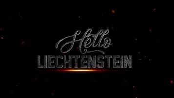 a palavra Olá liechtenstein dentro uma angustiado, metálico Fonte com uma sutil esboço e uma escuro, esfumaçado fundo com brilhando brasas, 4k resolução video