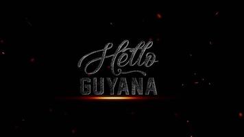 Hej guyana text effekt med lysande glöd och partiklar på en mörk bakgrund, representerar en länder namn, 4k upplösning video