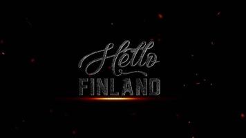 Hej finland text med brand glöd och partiklar på en mörk bakgrund, representerar en länder namn, 4k upplösning video