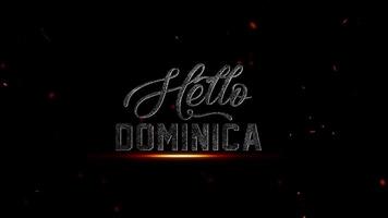 Hej dominica text effekt med lysande glöd och partiklar på en mörk bakgrund, 4k upplösning video