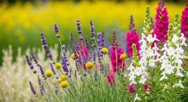 flores fondo, flores fondo de pantalla, un vistoso jardín cama presentando lavanda craspedia y blanco dragones con un borroso amarillo antecedentes foto