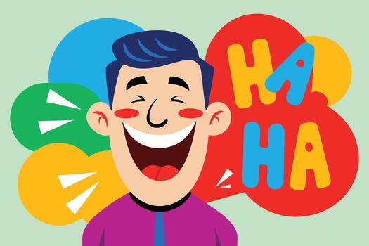 Cartoon Man Bursting into Laughter with Colorful Speech Bubbles Displaying HA HA Text vector