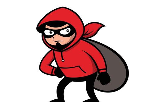 Cartoon Thief with Red Hoodie and Mask Carrying Bag Isolated on White vector