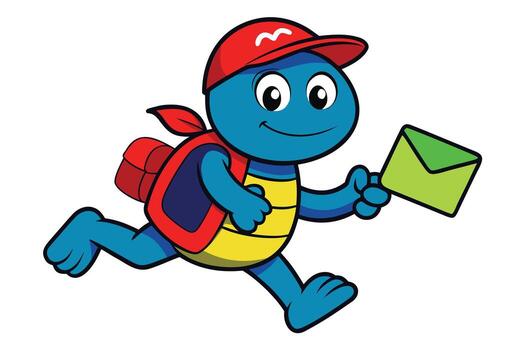 Cartoon Turtle Mascot Delivering a Green Envelope While Running, Wearing a Red Cap and Backpack vector