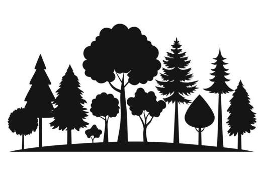 Silhouette of Various Trees Including Evergreen and Deciduous Varieties on a White Background vector