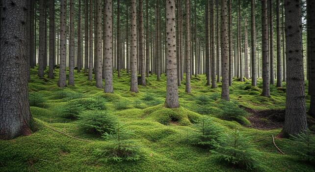 Nature background, Nature wallpaper, Dense evergreen forest with lush moss covered ground and tall trees Nature background photo