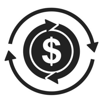 Black Dollar Sign Coin Surrounded by Three Rotating Arrows in a Circular Pattern vector