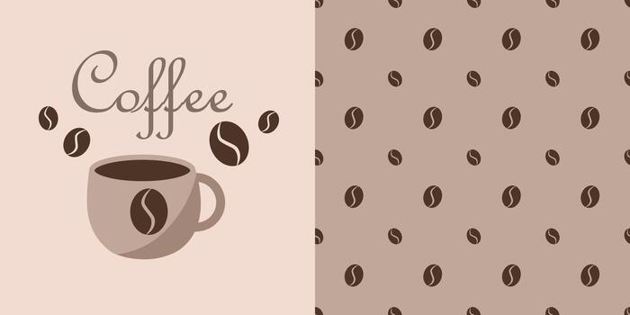 Seamless pattern with coffee beans on a beige background. Text coffee and cup vector